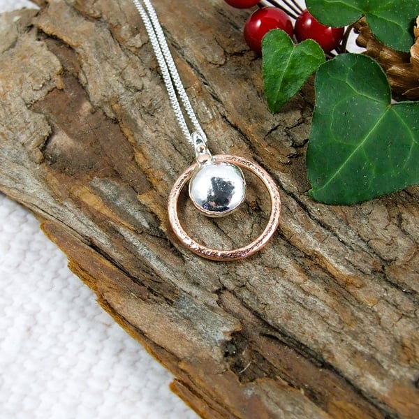 Silver Necklace. Recycled Sterling Silver Pebble with Copper Halo