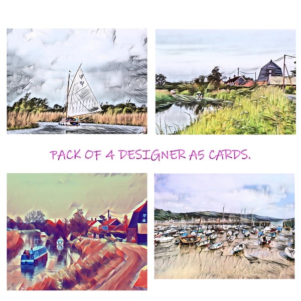  Pack of 4 Mixed Themed A5 Blank Inside Greeting Cards.