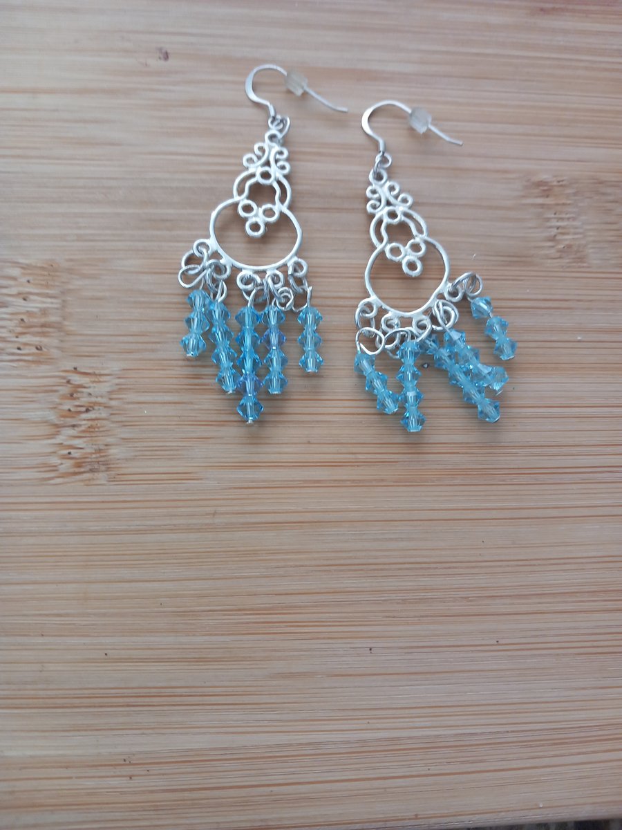 Blue crystal drop sterling silver earrings boho hippie chic
