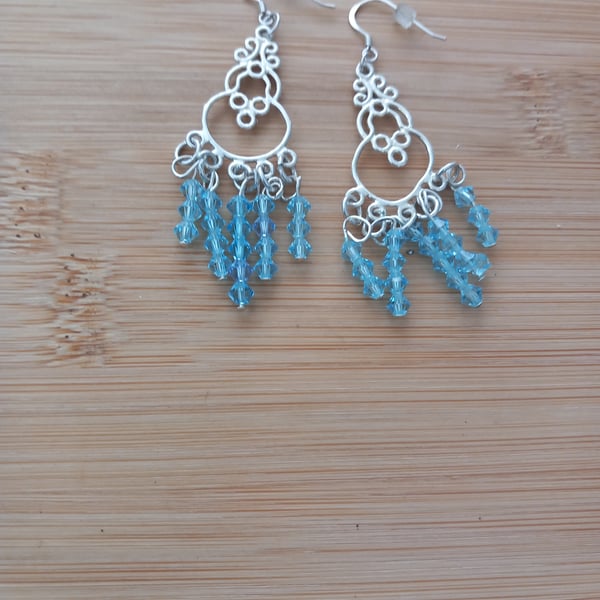 Blue crystal drop sterling silver earrings boho hippie chic