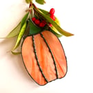 Wispy orange stained glass pumpkin window hanging, Halloween spooky suncatcher