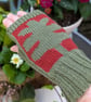 Knitted Autumn Leaf Fingerless Gloves, Olive Green & Rust Wrist Warmers - Image 2