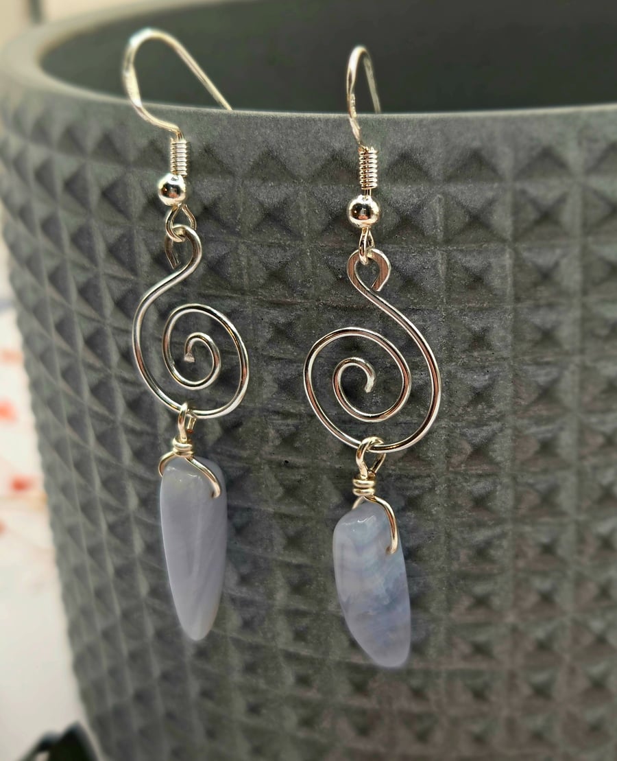 Blue Lace Agate Spiral Earrings, Sterling Silver Hooks, Open Spiral Charms