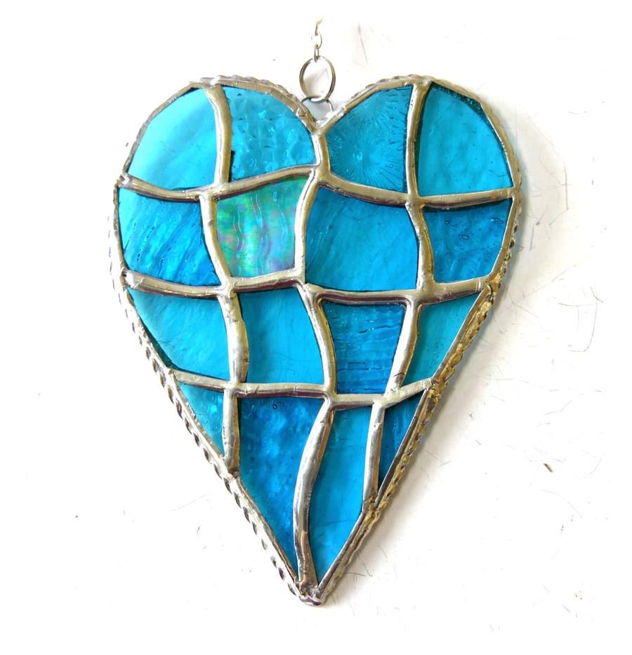 Patchwork Heart Suncatcher Stained Glass Handmade Turquoise Aqua 