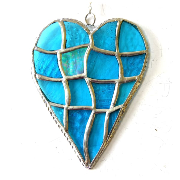 Patchwork Heart Suncatcher Stained Glass Handmade Turquoise Aqua 