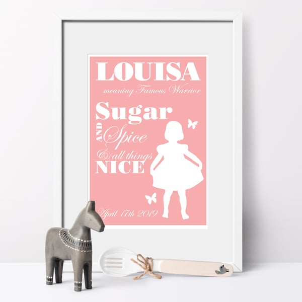 Personalised Meaning of Name Sugar and Spice Print christening gift for new baby