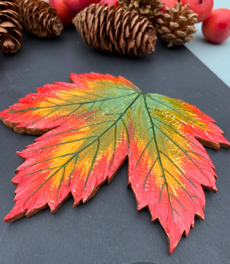 Handmade clay autumn leaf coaster, colourful nature home decor