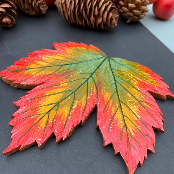 Handmade clay autumn leaf coaster, colourful nature home decor