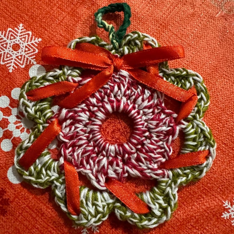 Handmade Red, White and Green Mini Crochet Hanging Christmas Wreath