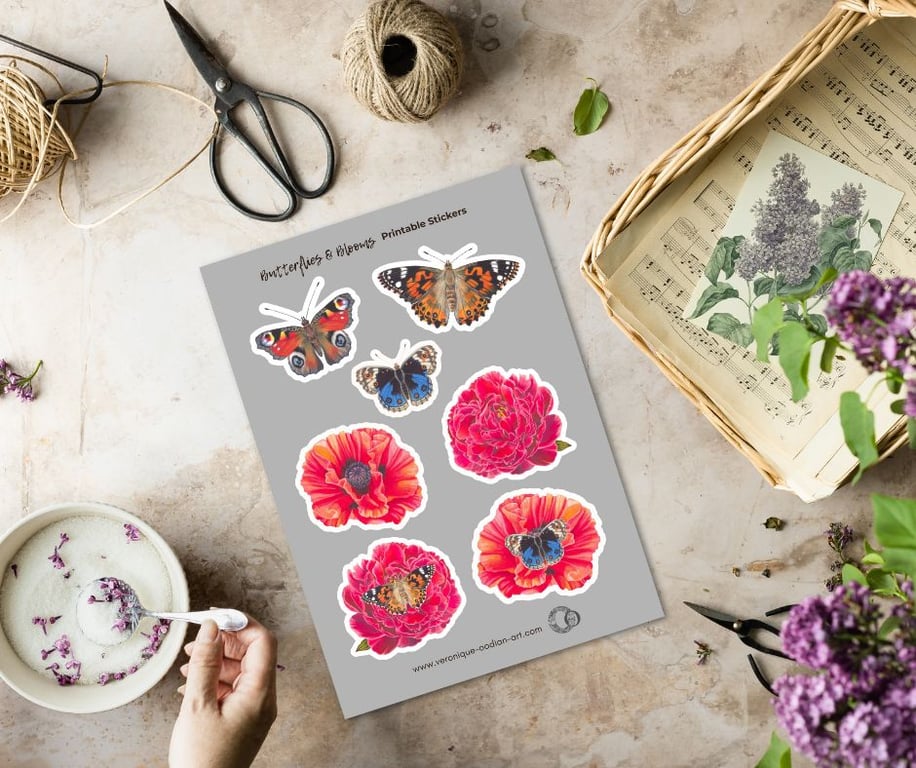 Butterflies and Blooms Printable Sticker Sheet PDF Digital Product