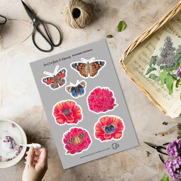 Butterflies and Blooms Printable Sticker Sheet PDF Digital Product