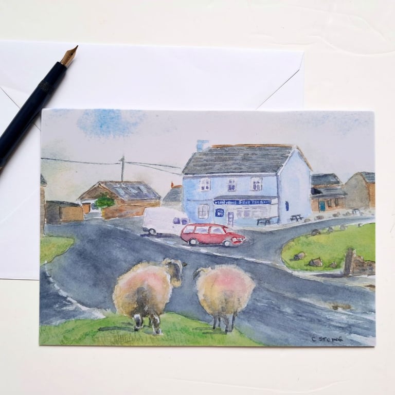 Greetings card A5 Sheep at Minions village Cornwall from original watercolour