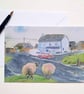 Greetings card A5 Sheep at Minions village Cornwall from original watercolour