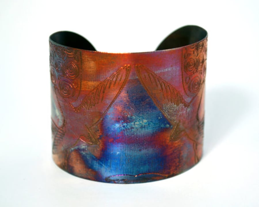 Etched Copper Cuff Bracelet - Swift and Swallow design - large