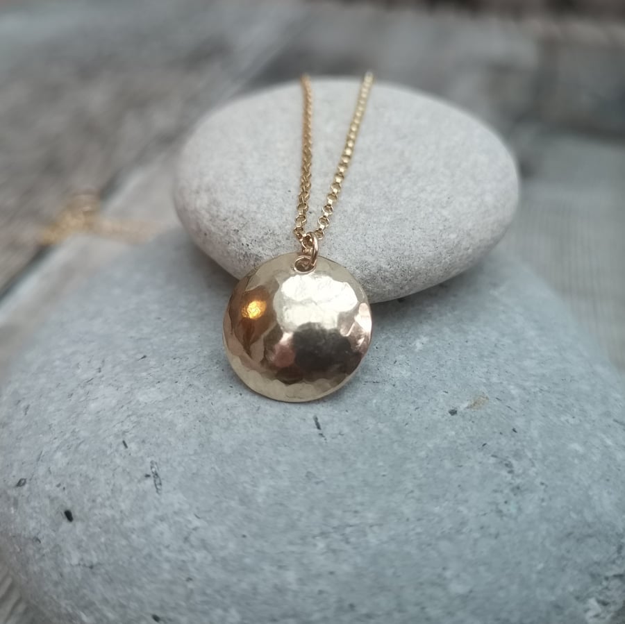 12ct Yellow Gold Disc Necklace, Hammered Gold Necklace