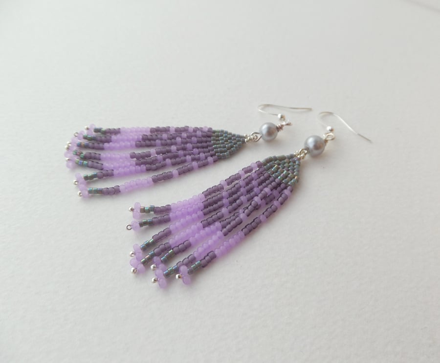 Pearl and Fringe Earrings, Native American Inspired Lilac and grey Beadwork Chic