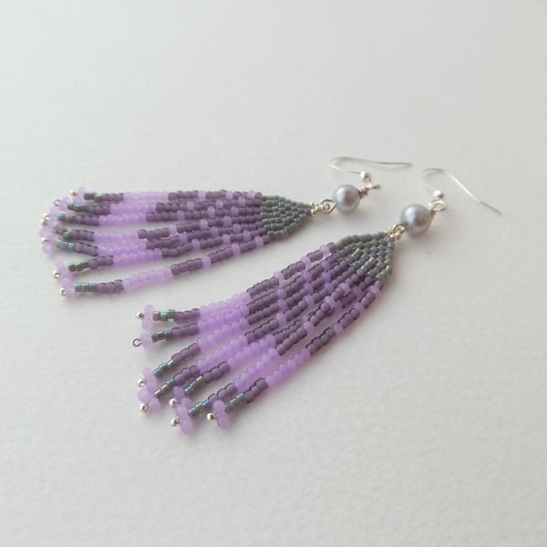 Pearl and Fringe Earrings, Native American Inspired Lilac and grey Beadwork Chic