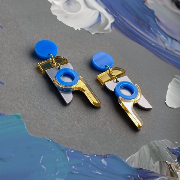 Azure Stream Geometric Earrings - Elegant Blue and Gold Statement Jewellery