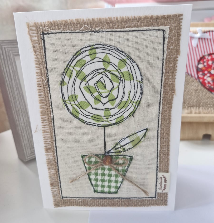 Flower in a Pot Easter Holidays Birthday Card Free Motion Embroidery Textile Art