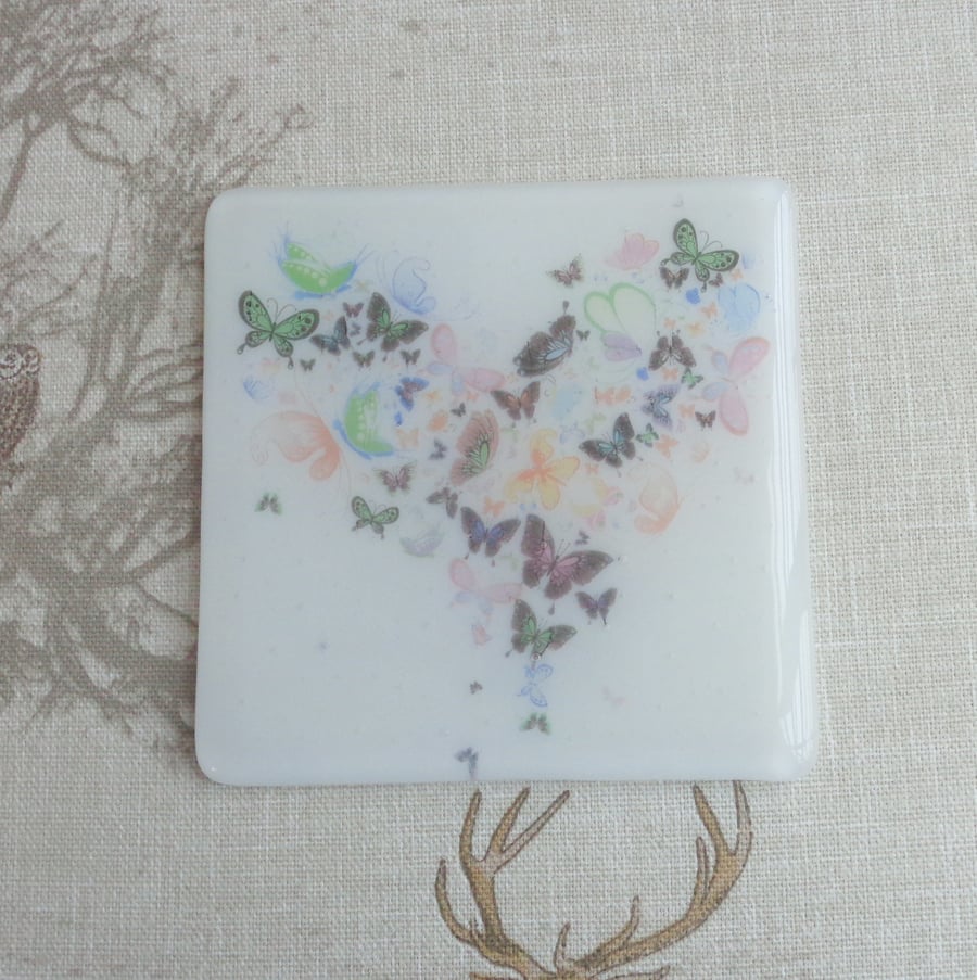 Fused glass coaster white with heart design for table or desk