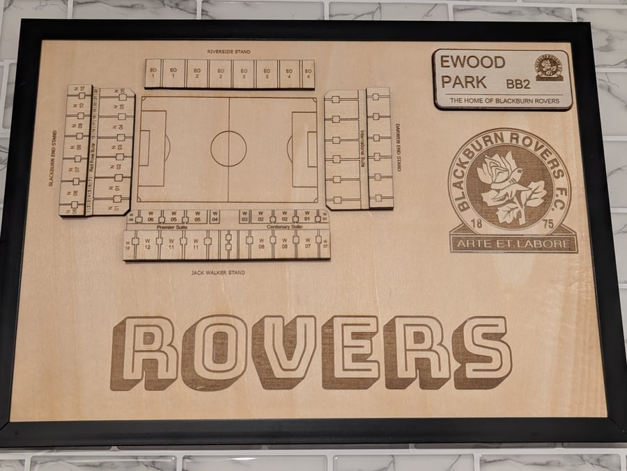 Blackburn Rovers Ewood Park 3d plaque wall art laser engraved wood seating plan