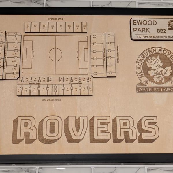 Blackburn Rovers Ewood Park 3d plaque wall art laser engraved wood seating plan