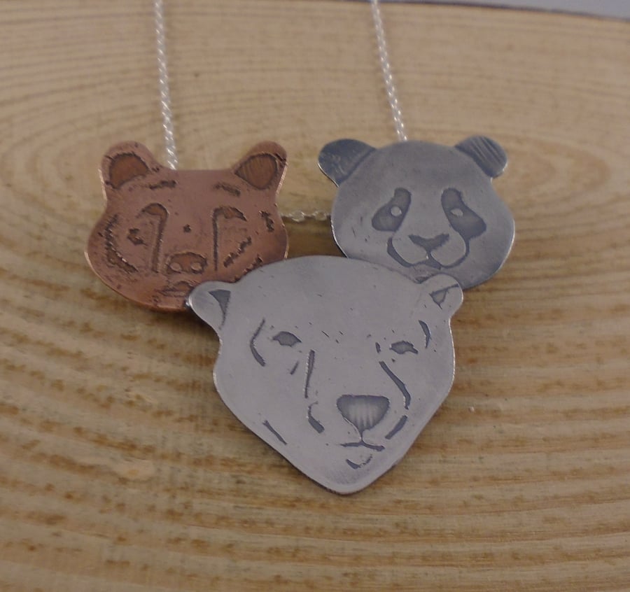Sterling Silver and Copper Three Bear Heads Necklace