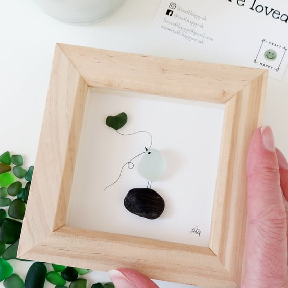 Sea Glass Bird with a Heart Balloon - Framed Wall Art Gift