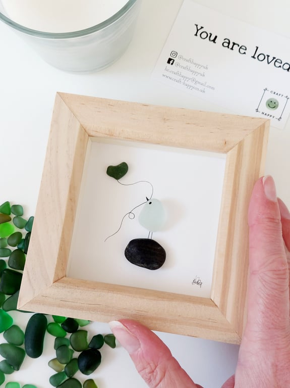 Sea Glass Bird with a Heart Balloon - Framed Wall Art Gift