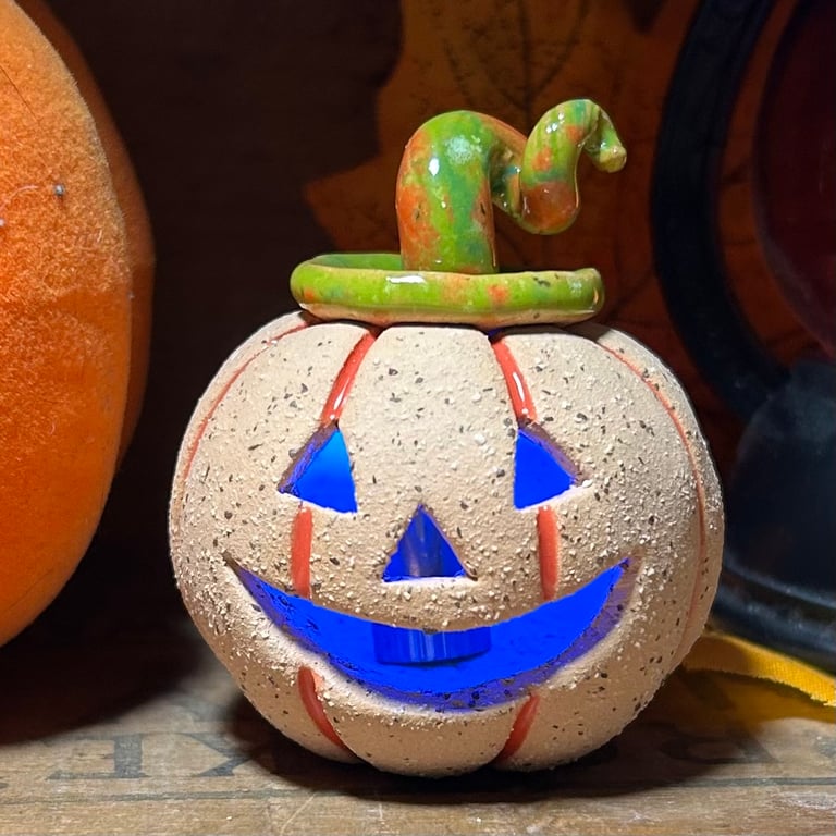 Ceramic pumpkin light up decoration carved face Jack o lantern no6