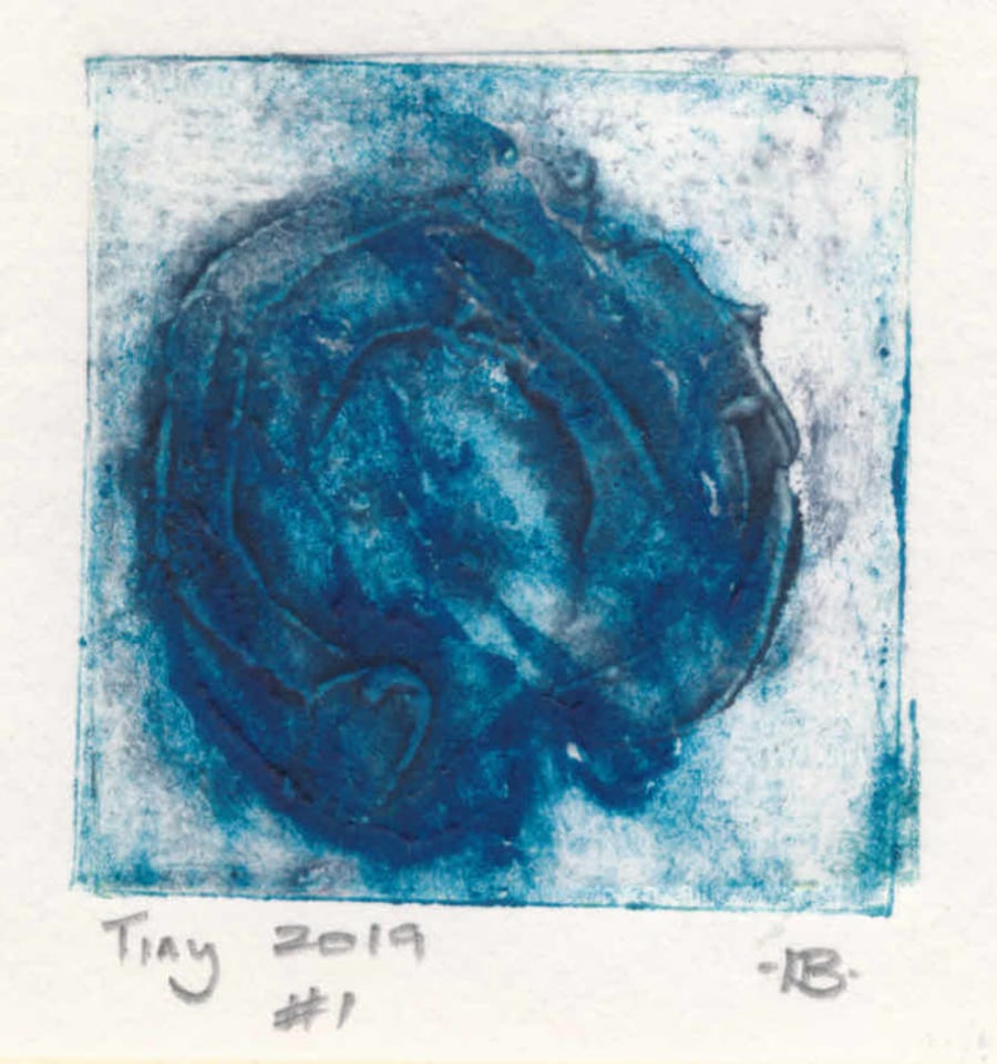 Tiny collagraph print 2019 series in shades of blue