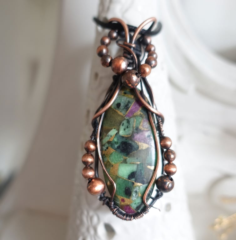Mohave Ruby Zoisite Copper Wire Wrapped Pendant
