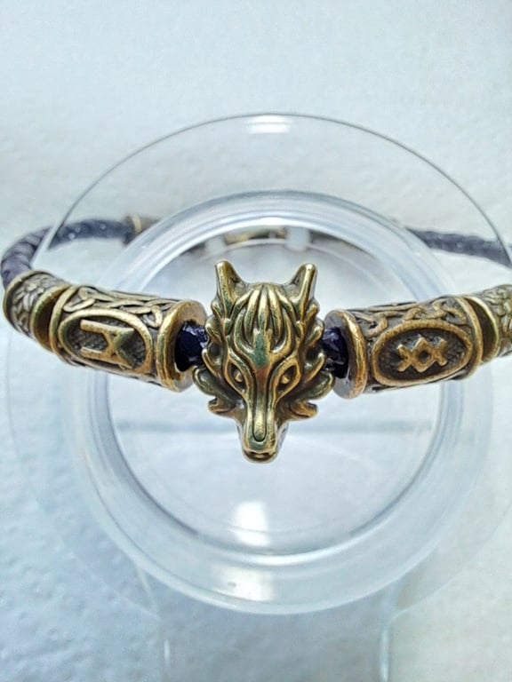 Leather Viking Rune Wolf bracelet 