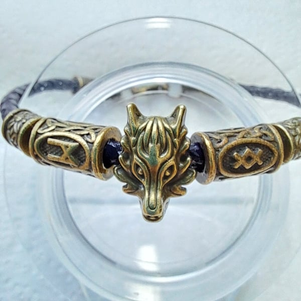 Leather Viking Rune Wolf bracelet 
