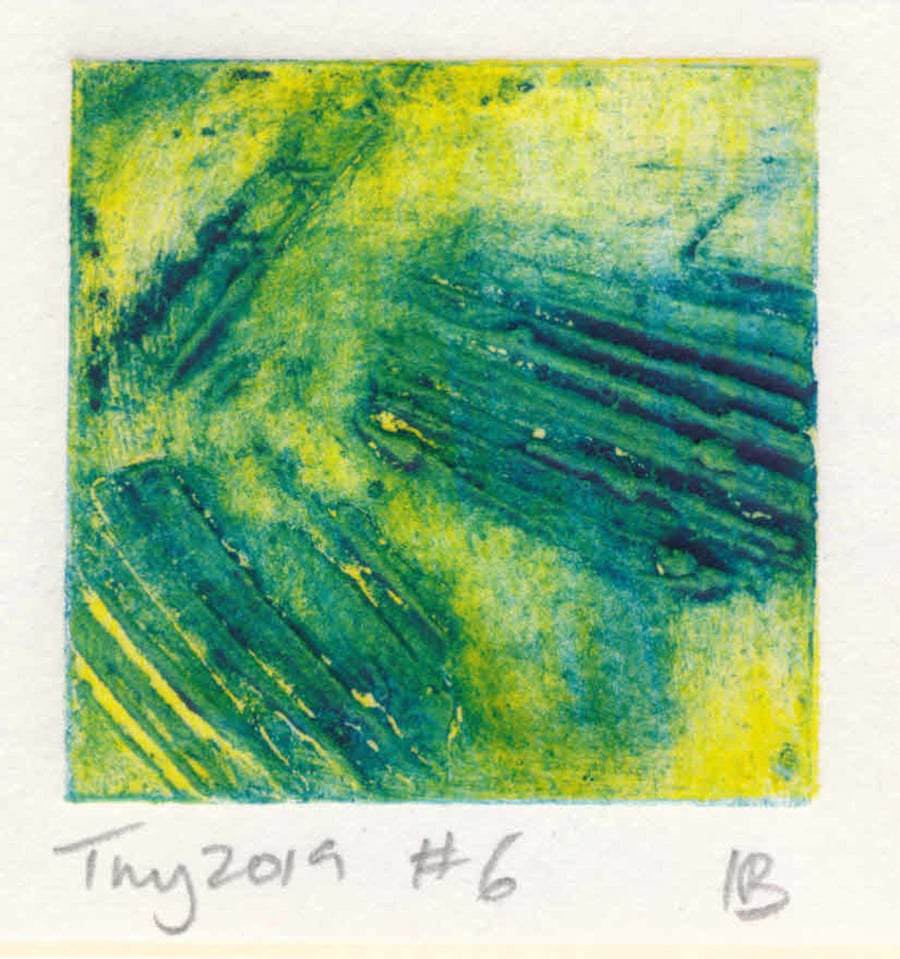 Tiny art - miniature collagraph print 2019 series - no 6 in green and yellow