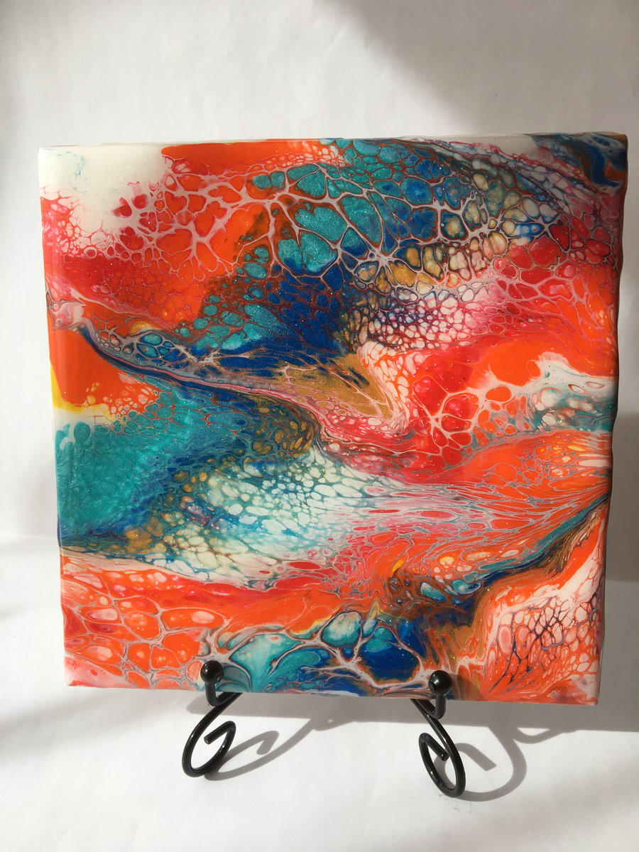 Fluid art, 6”x6” tile, trivet, decoration, abstract sunset over the ocean 