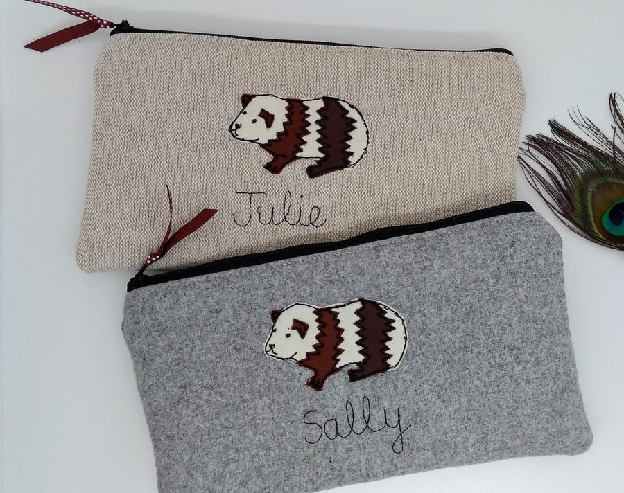 Personalised Guinea Pig Pencil Case - Custom Pen Pouch in Grey wool or Oatmeal