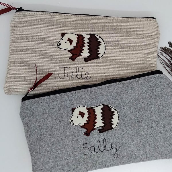 Personalised Guinea Pig Pencil Case - Custom Pen Pouch in Grey wool or Oatmeal