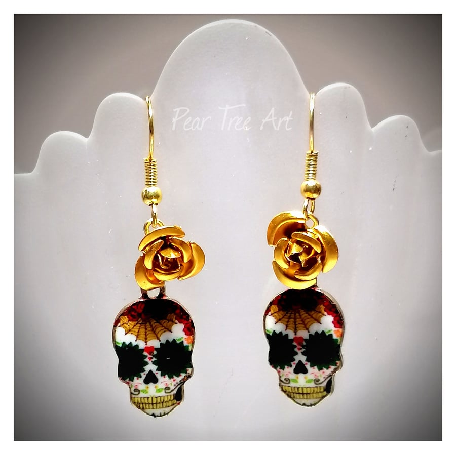 Sugar Skull Earrings with Yellow Metal Roses 
