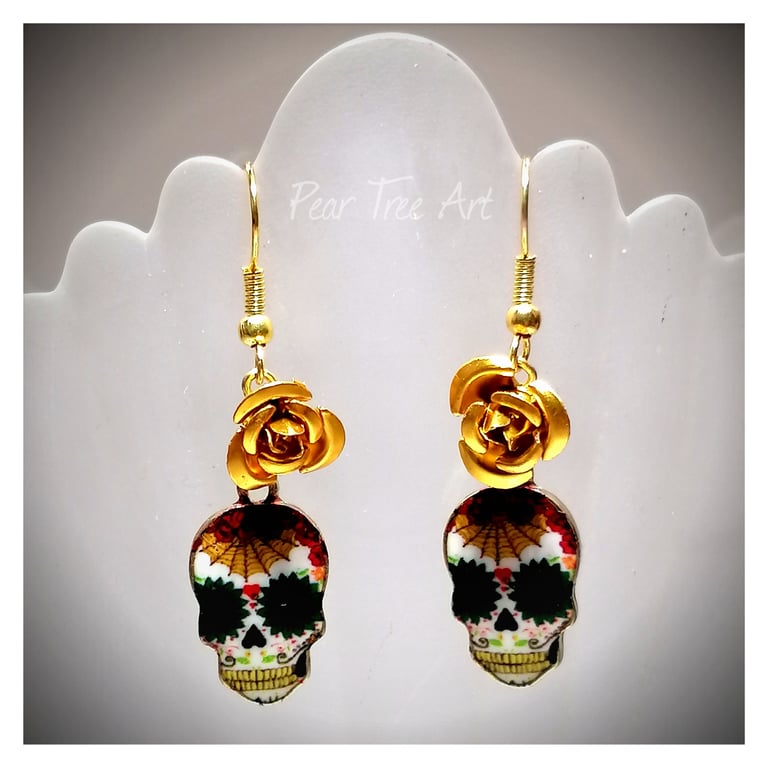 Sugar Skull Earrings with Yellow Metal Roses 