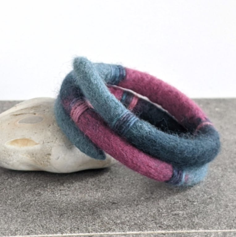 Felted bracelet - duck egg and deep pink