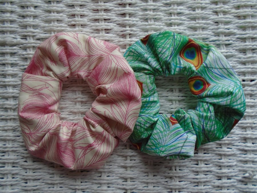 Pack of 2  Hair Scrunchies Peacock Feathers 