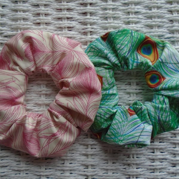 Pack of 2  Hair Scrunchies Peacock Feathers 