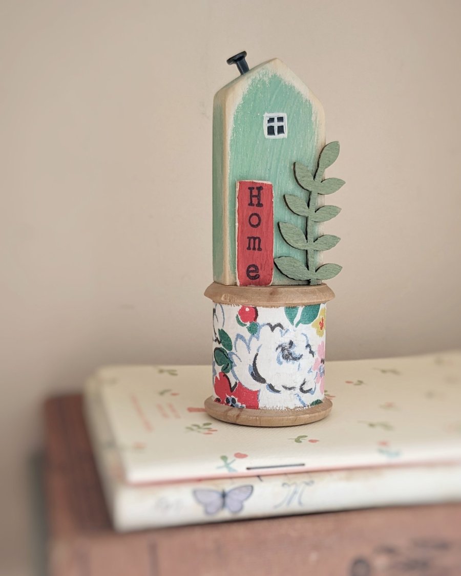 Little Wooden House on a Vintage Bobbin 'Home' 