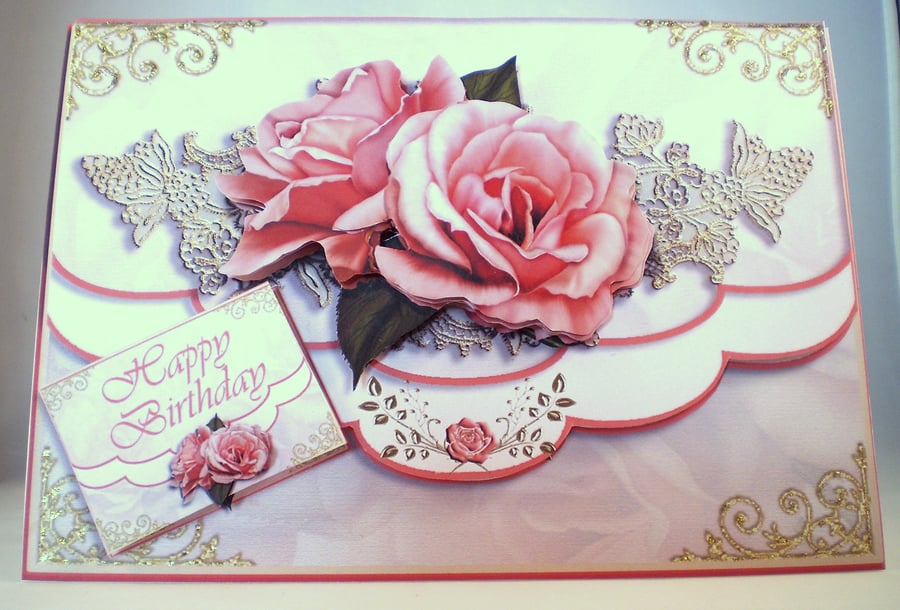 Handmade decoupage,3D birthday card,envelope style,flowers