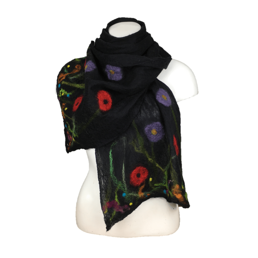 Merino wool, long black floral scarf, nuno felted