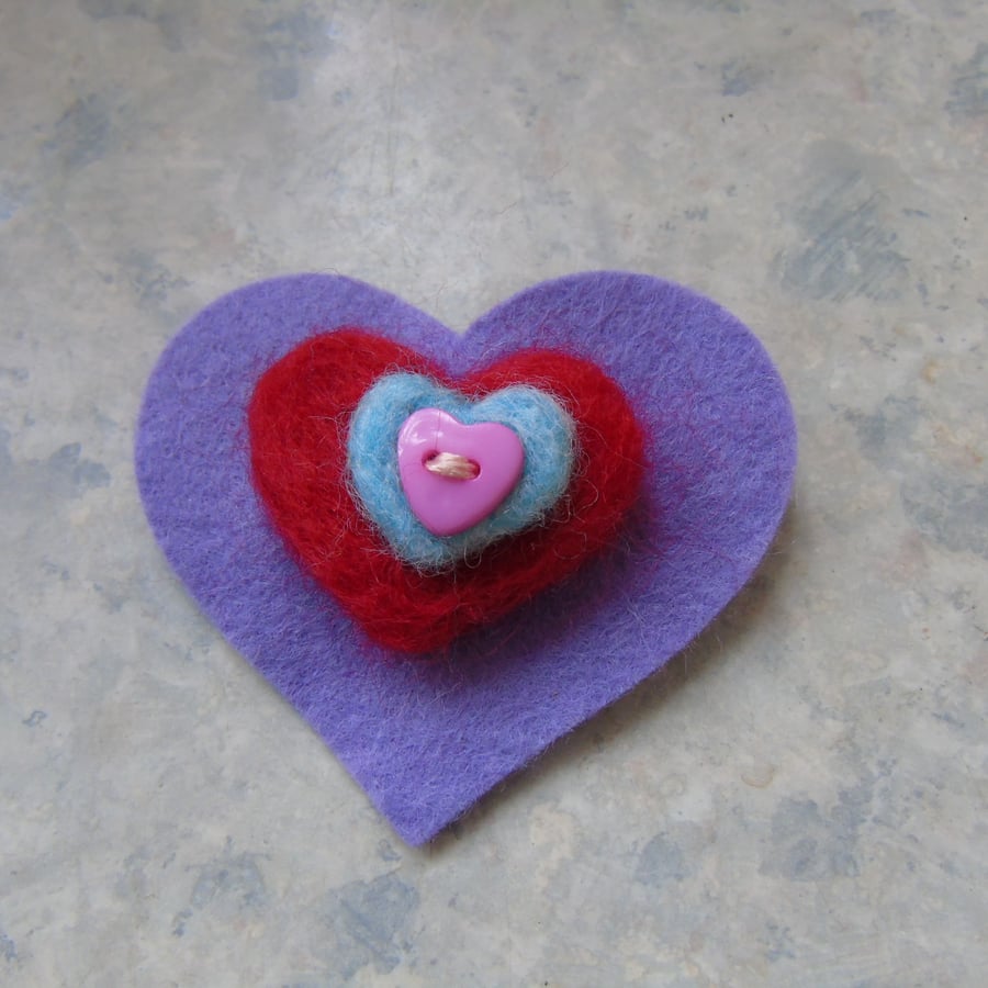 Felt heart brooch, needle felt heart brooch with heart button, bag charm