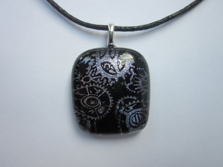 Handmade dichroic glass cabochon pendant - silver dichroic steampunk design