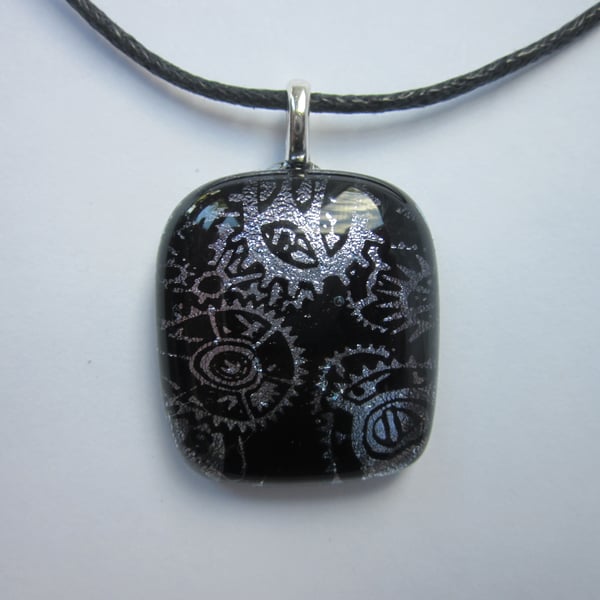 Handmade dichroic glass cabochon pendant - silver dichroic steampunk design