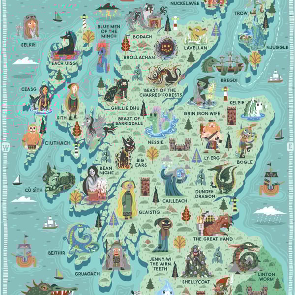 Illustrated Map, Mythical Beasts of Scotland, A3 Art print - Poster